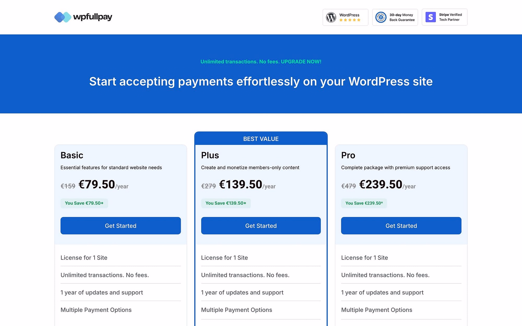 WPFullPay pricing page showing Basic, Plus, and Pro licenses at €79.50, €139.50, and €239.50 introductory annual prices
