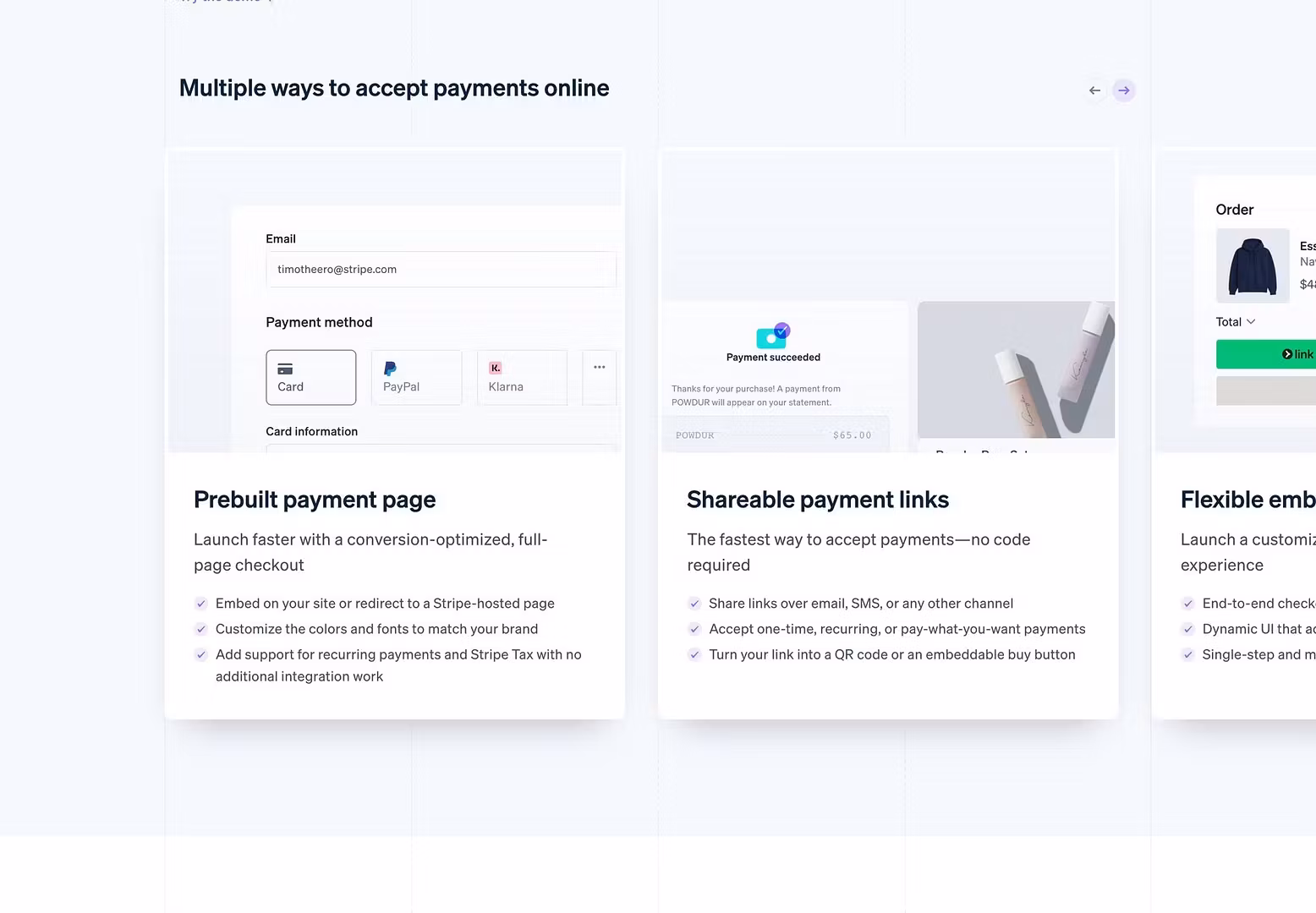 Stripe's Payment Links page showing the hosted checkout preview with email field, Card, PayPal, and Klarna payment methods, plus feature cards for embedding and sharing links