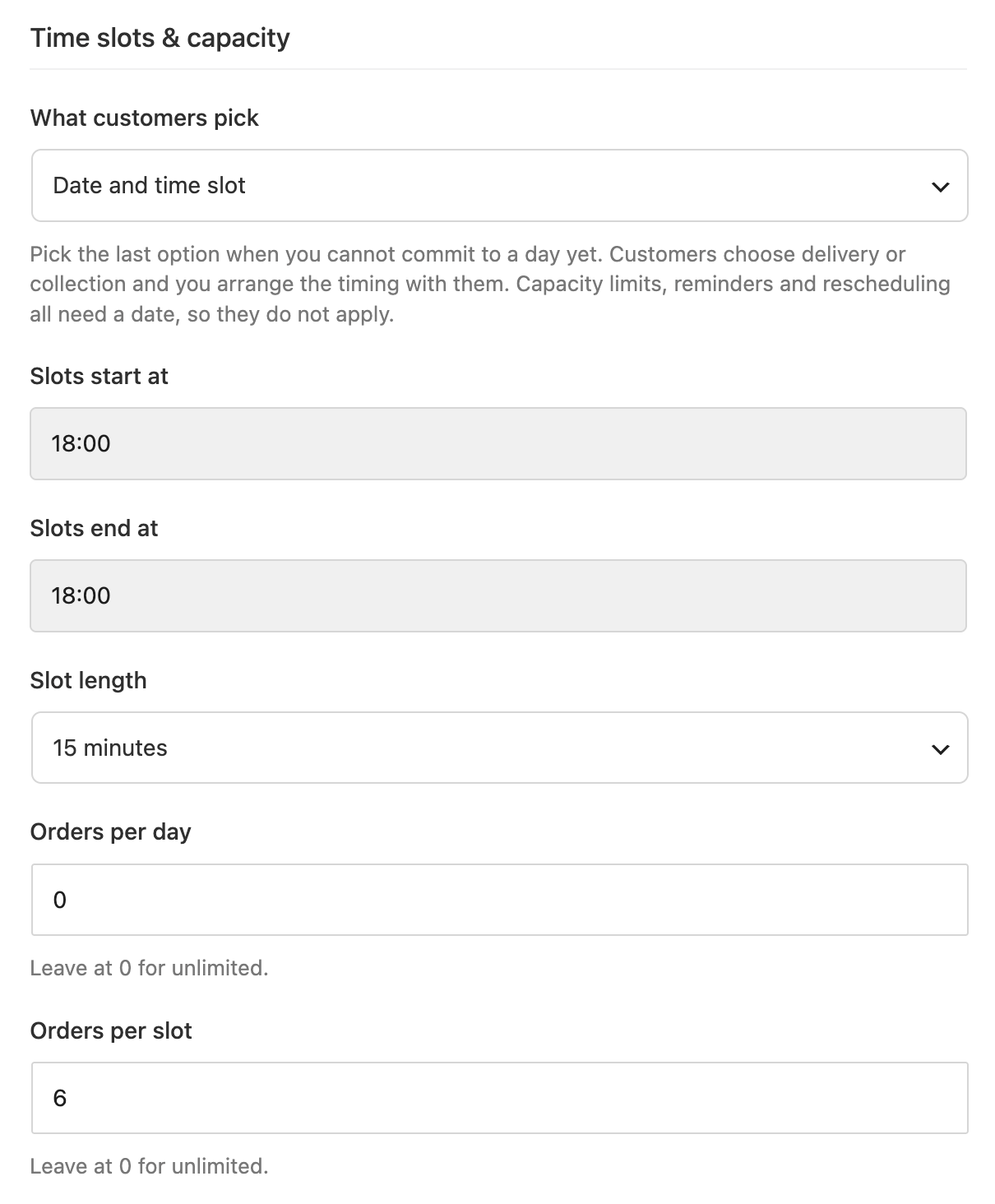 image – aThemes Pickup schedule settings with date and time slot, 15-minute slots and a limit of 6 orders per slot