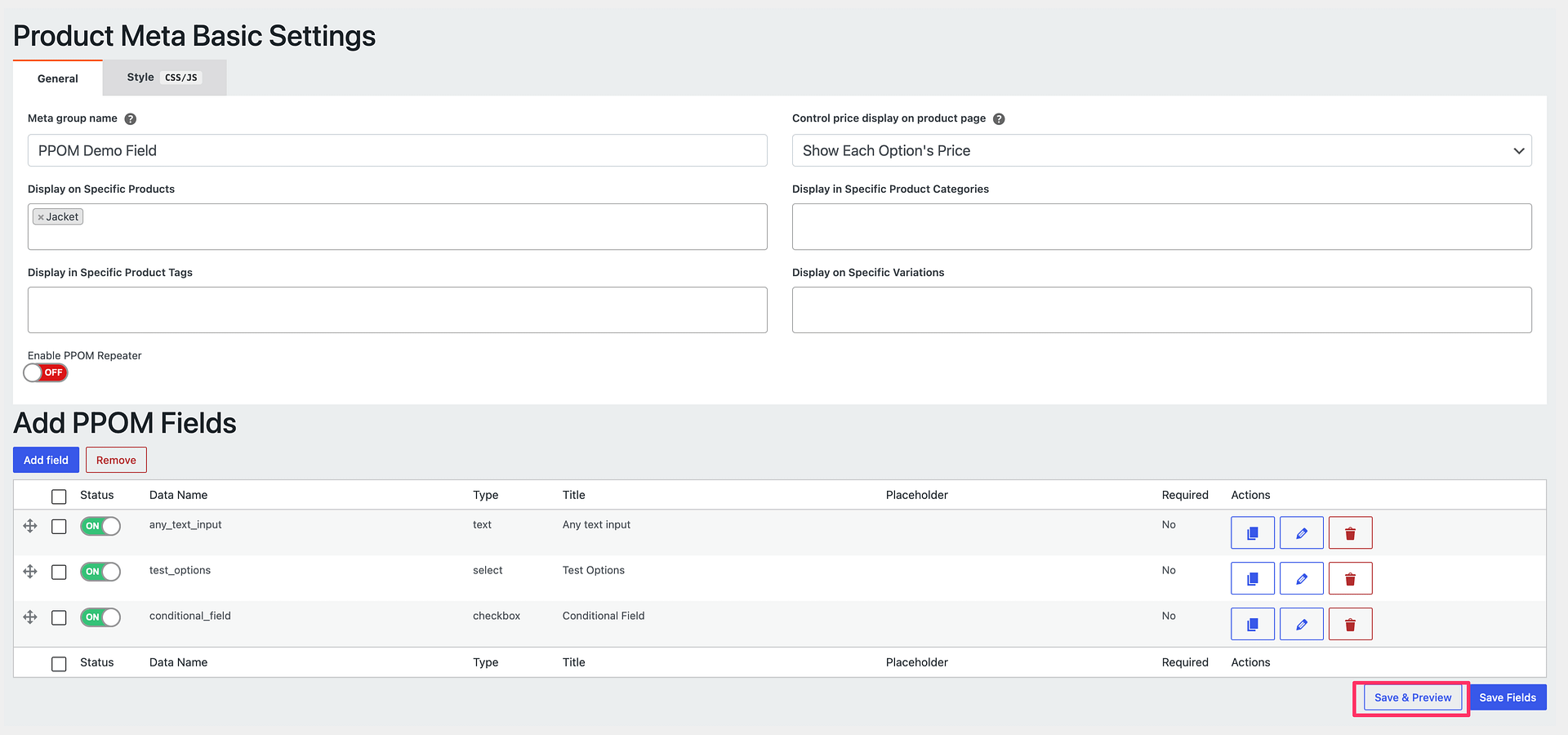 The PPOM field group editor with the basic settings and the Add PPOM Fields table where new fields are added to a group