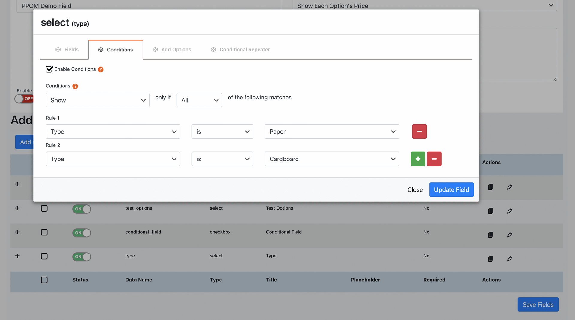 PPOM Conditions tab with Enable Conditions ticked and a rule showing the design brief textarea only when the design help checkbox is selected