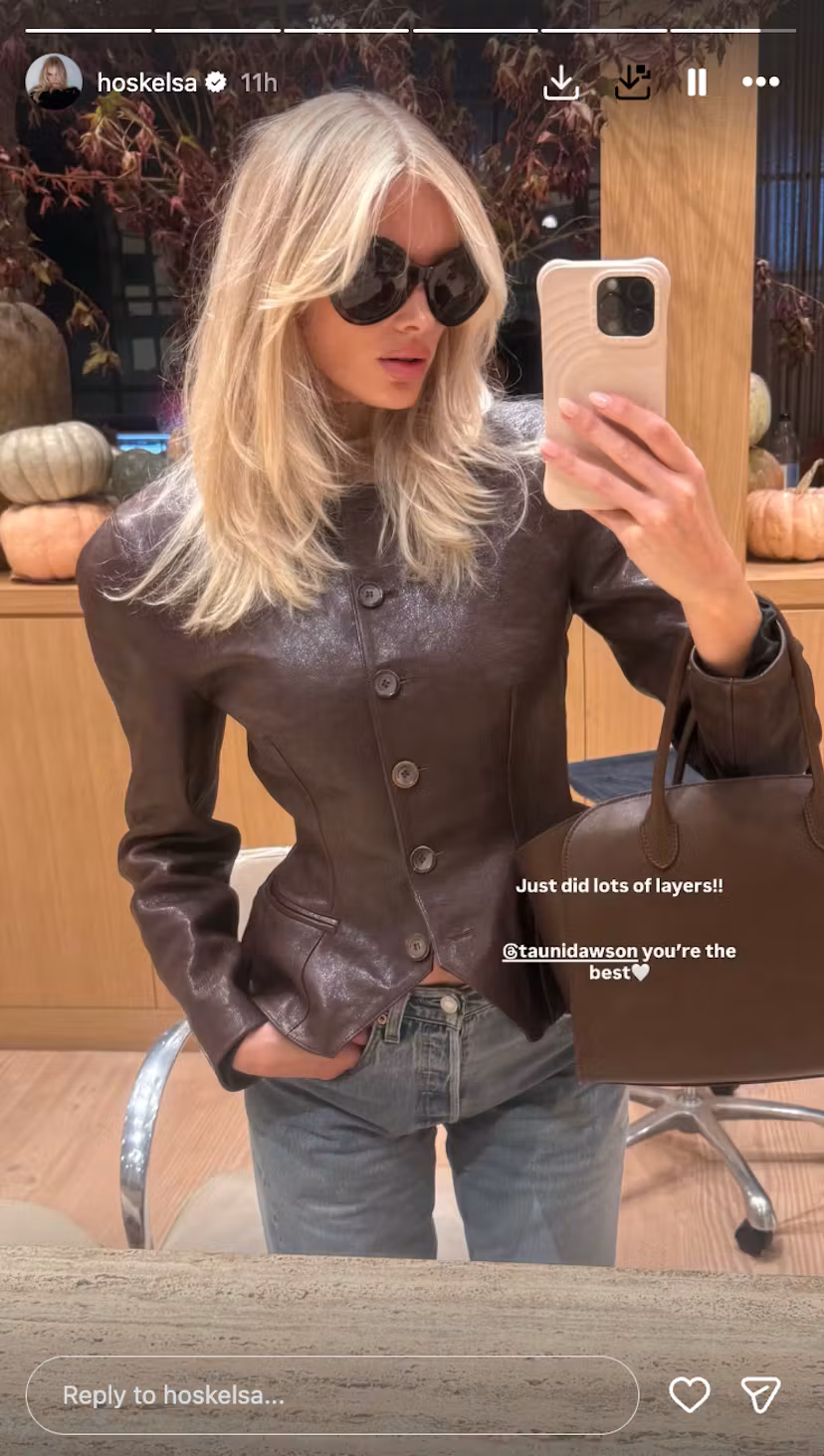 Elsa Hosk wears the double chocolate trend. 