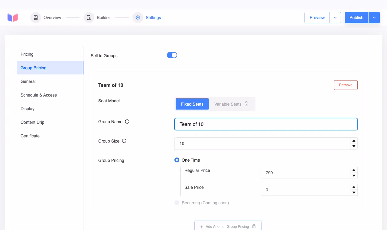 Masteriyo's Group Pricing settings with a fixed-seat Team of 10 package priced at $790