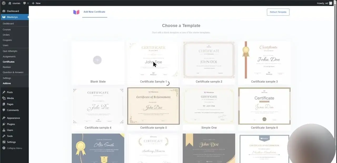 Masteriyo's certificate template gallery: on the free plan, one starter template is included and the rest require Pro