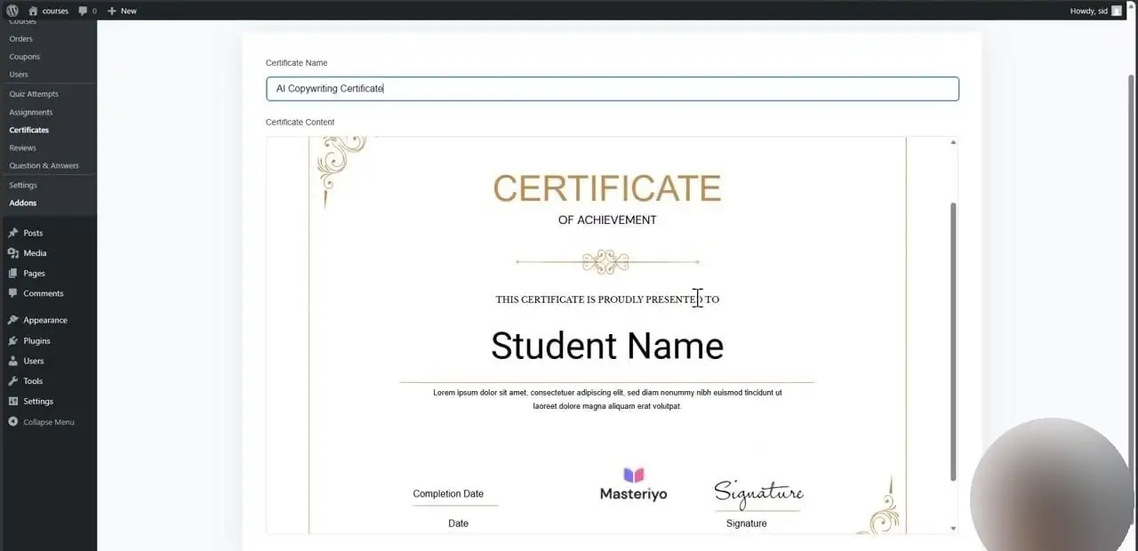 Editing a certificate in Masteriyo's certificate editor, with student name and completion date placeholders