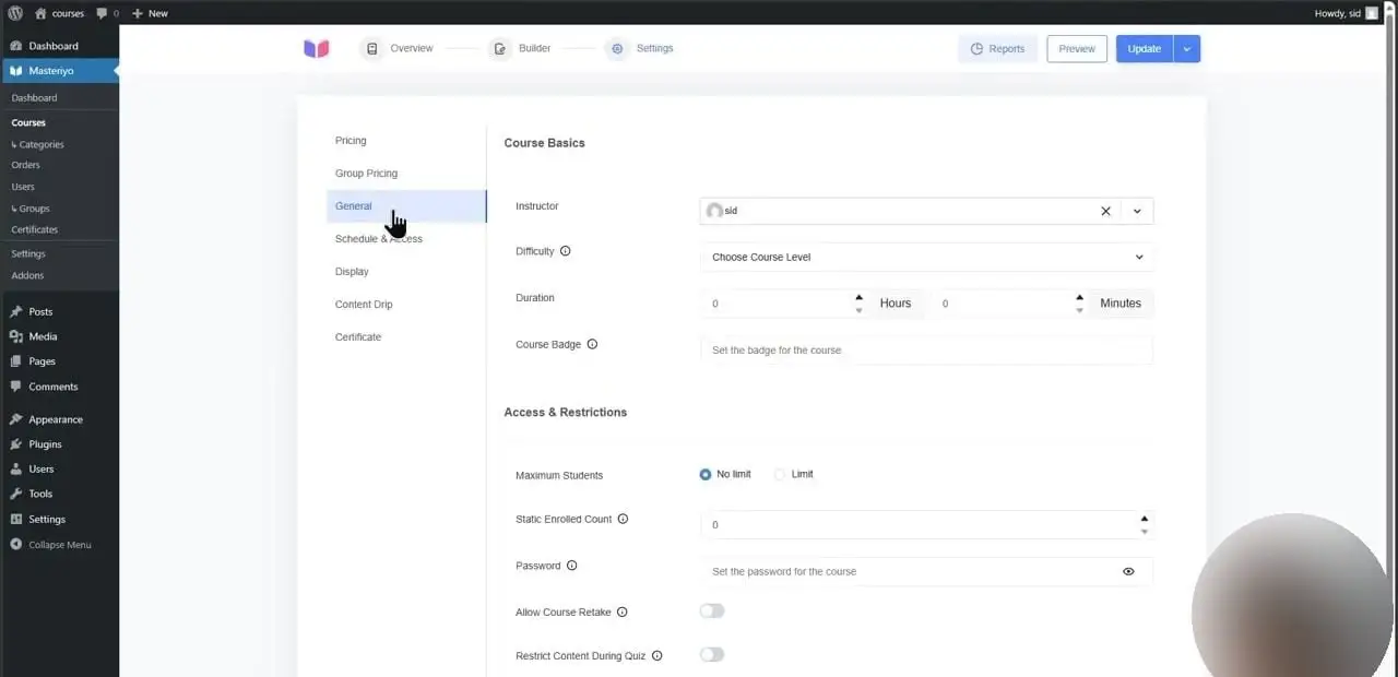Masteriyo's course settings, with the certificate option