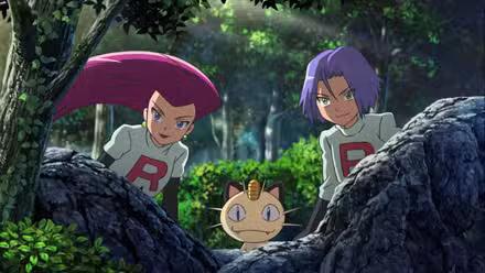 Jessie, James, and Meowth from Pokemon's Team Rocket, depicted hiding behind a tree in the anime. 