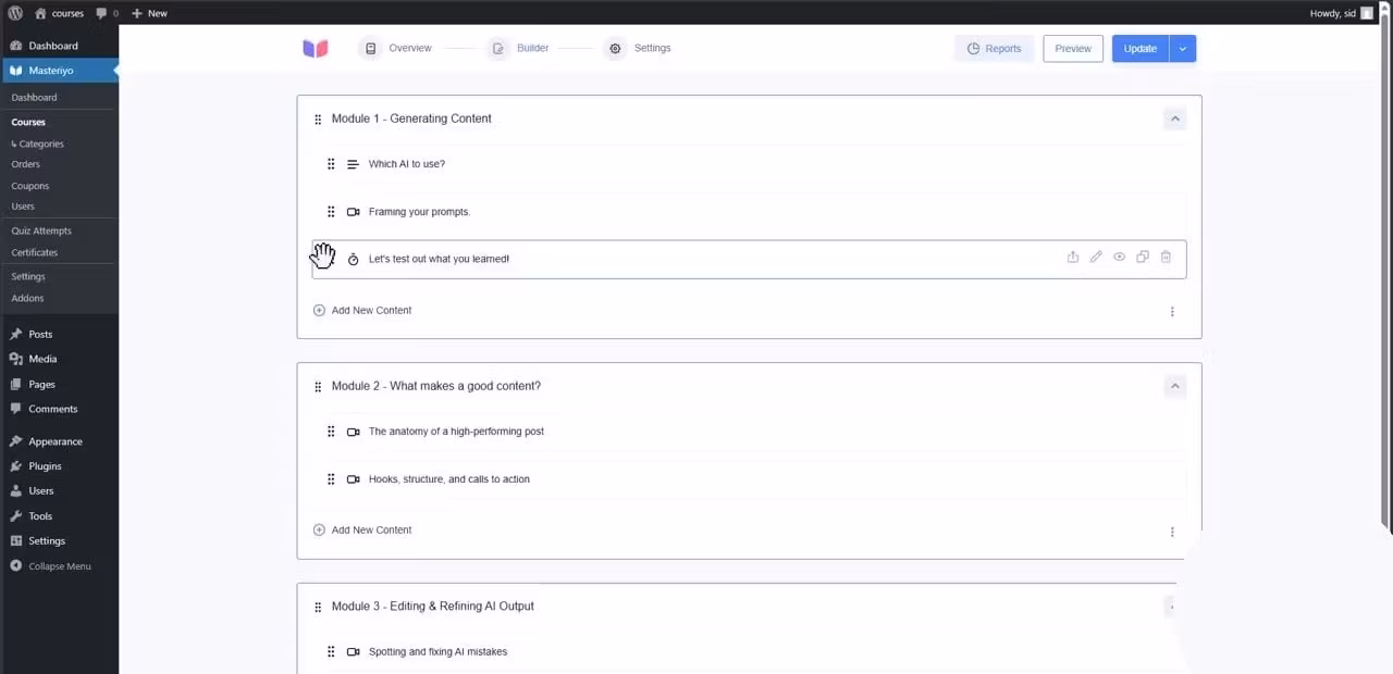 Masteriyo's drag-and-drop course builder showing three modules with lessons and a quiz