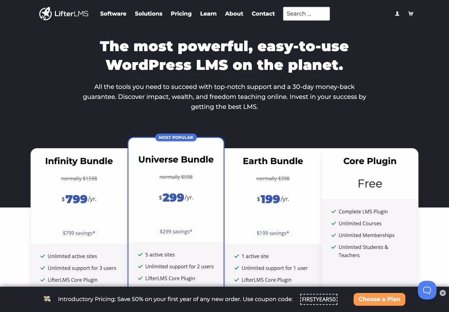 LifterLMS pricing page showing the free Core Plugin and the Earth, Universe, and Infinity bundles