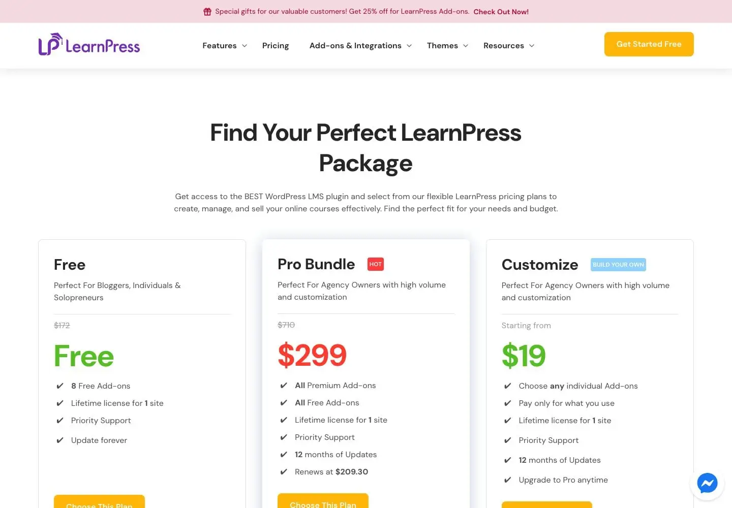 LearnPress pricing page showing the Free plan, the Pro Bundle at $299, and individual add-ons from $19