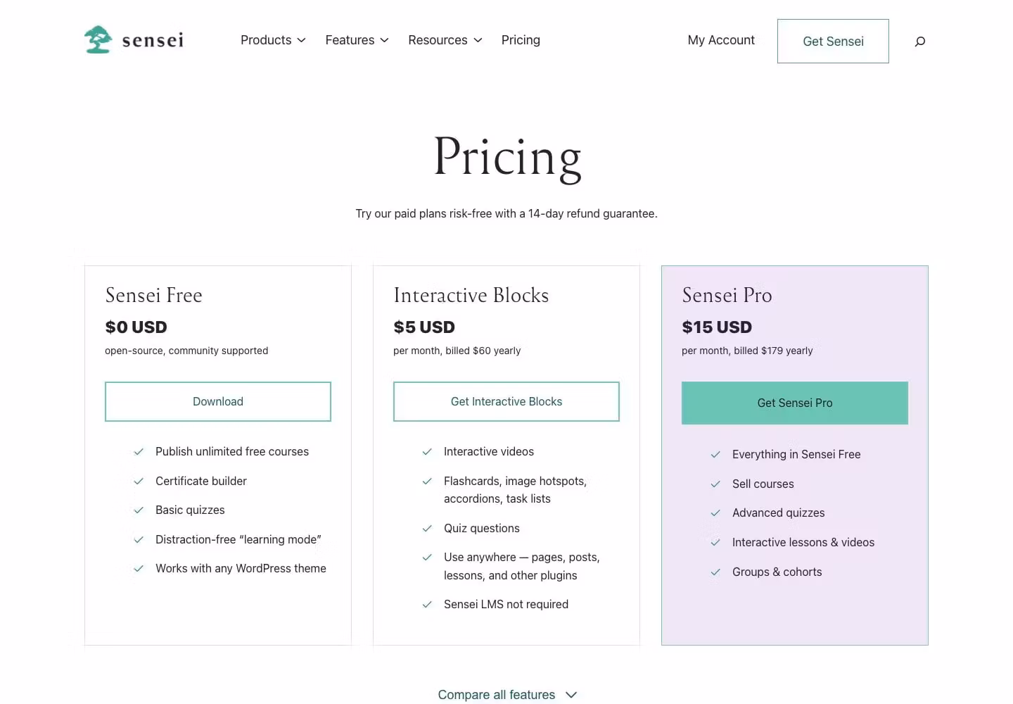 Sensei LMS pricing page showing Sensei Free, Interactive Blocks, and Sensei Pro billed at $179 a year