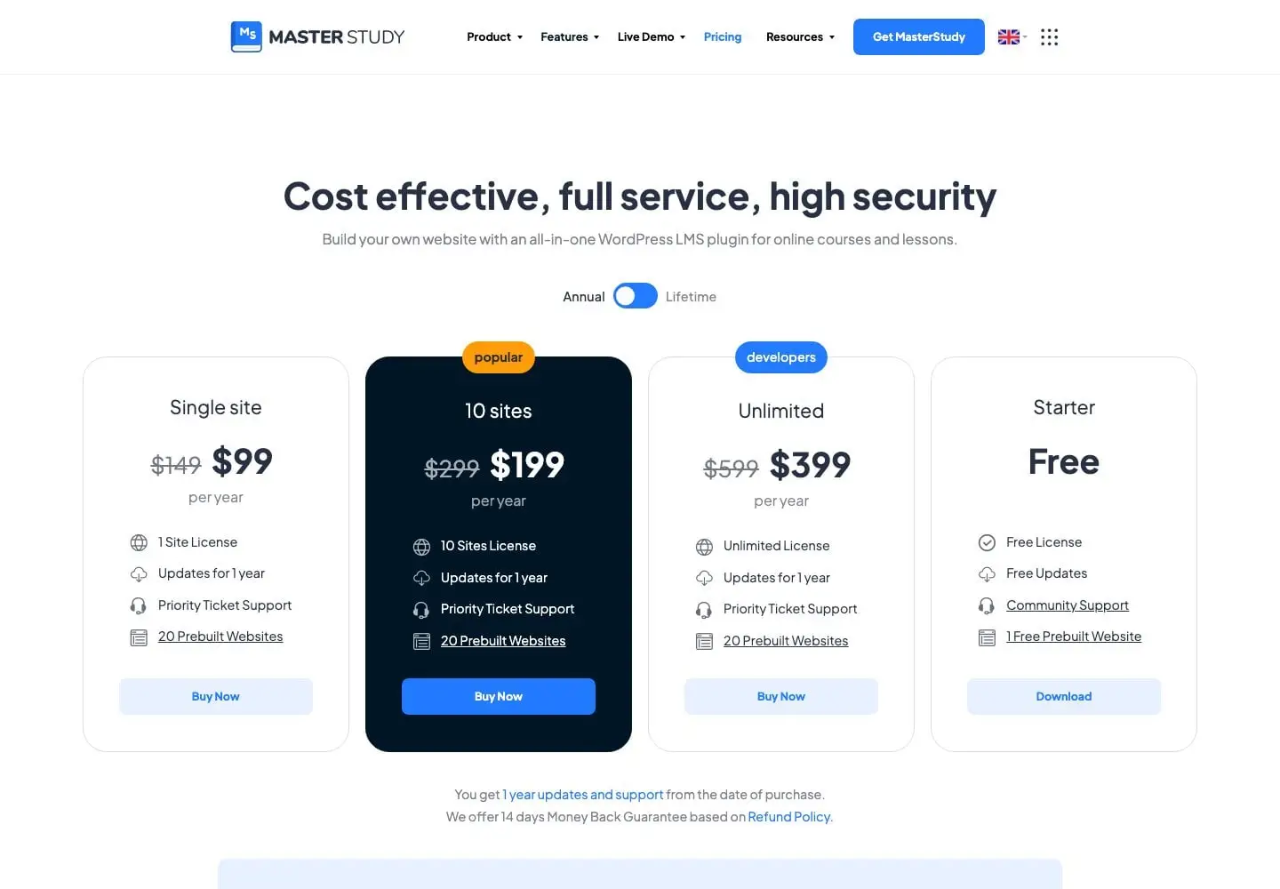 MasterStudy LMS pricing page showing Single site at $99, 10 sites at $199, and Unlimited at $399 per year
