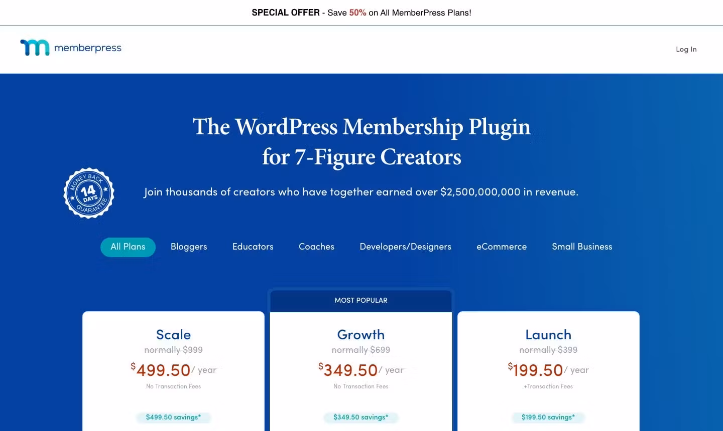 MemberPress pricing page showing the Scale, Growth, and Launch plans