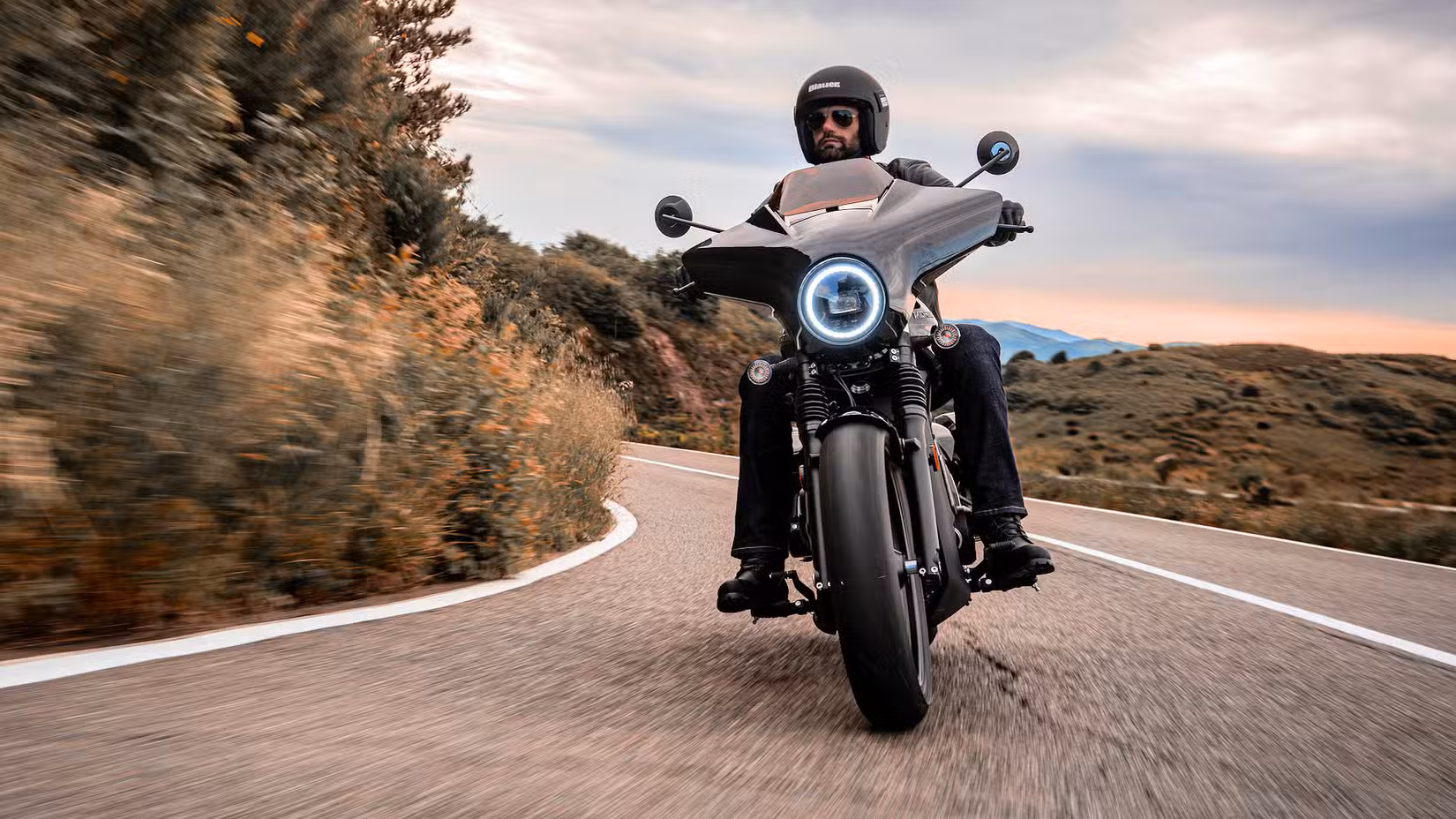 Rider on a black 2024 Moto Morini Calibro 700 Bagger