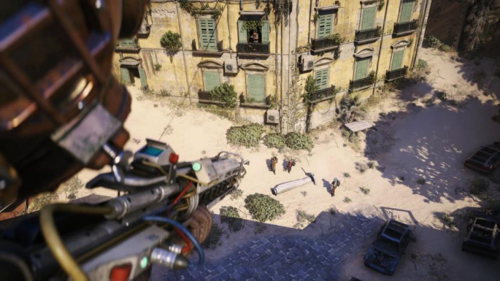 A raider aims his gun at three others by an Arc Probe in ARC Raiders' Buried City.