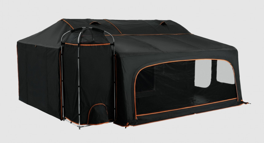 MyGlamper Pro wheel\-less tent trailer is a complete, off\-grid solution for groups as large as 12