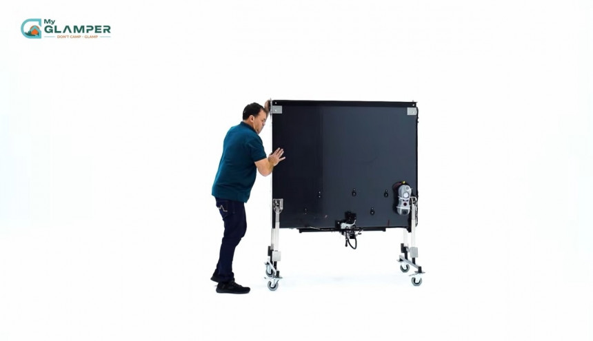 MyGlamper Pro wheel\-less tent trailer is a complete, off\-grid solution for groups as large as 12
