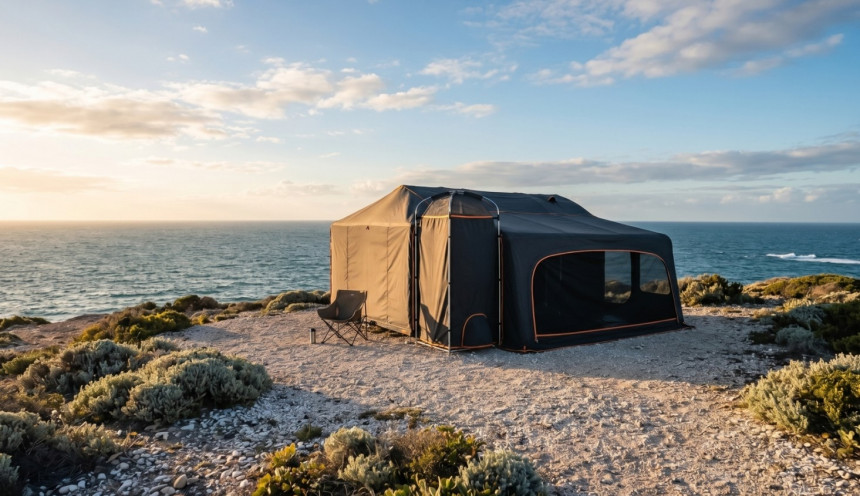 MyGlamper Pro wheel\-less tent trailer is a complete, off\-grid solution for groups as large as 12