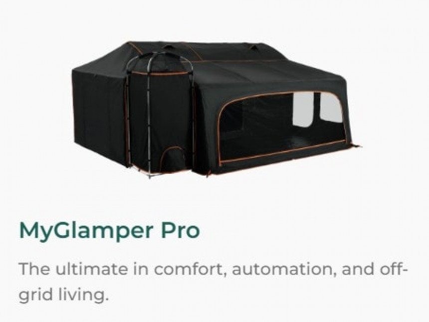 MyGlamper Pro wheel\-less tent trailer is a complete, off\-grid solution for groups as large as 12