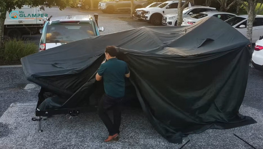 MyGlamper Pro wheel\-less tent trailer is a complete, off\-grid solution for groups as large as 12