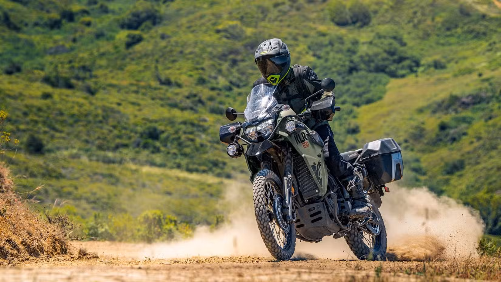 2025 Kawasaki KLR650 Adventure Sliding In A Dirt Trail