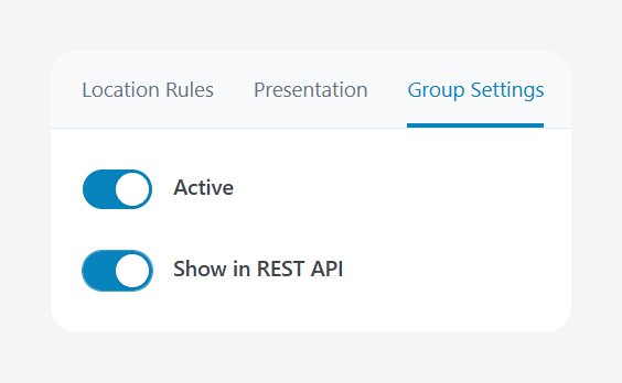Enabling the ‘Show in REST API’ option for a Field Group in ACF.
