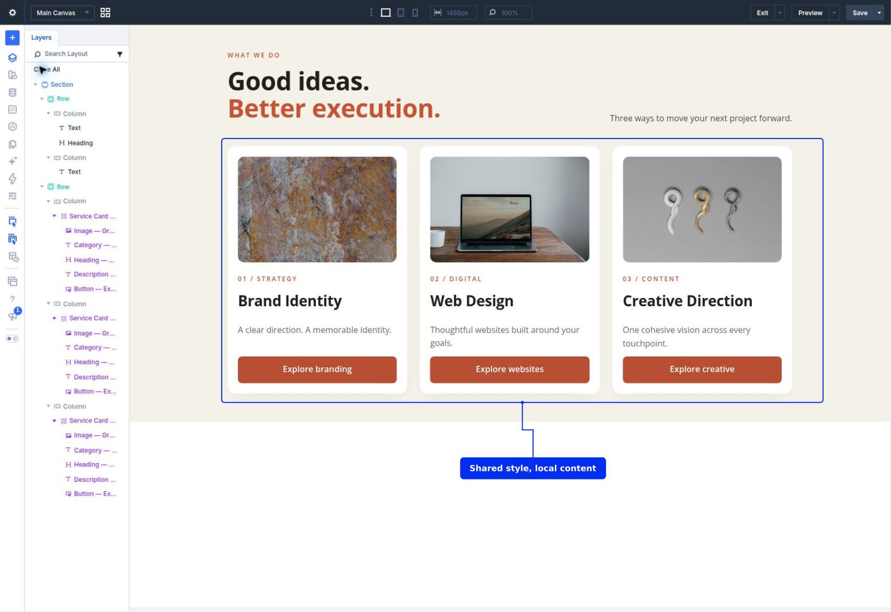 Brand Identity, Web Design, and Creative Direction instances sharing the updated button design while retaining their local content