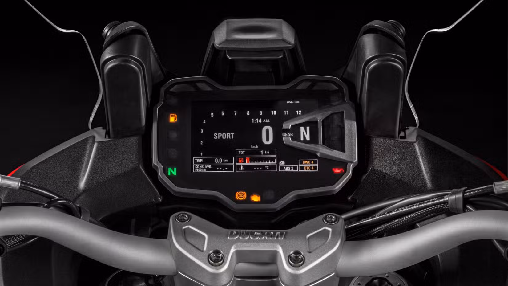 A close-up TFT shot of the 2017 Ducati Multistrada 1200.