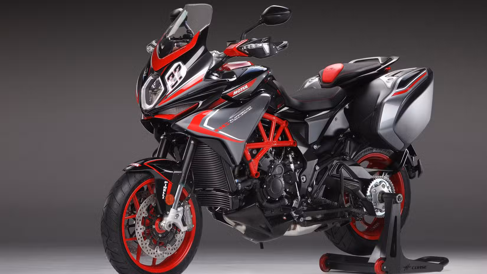 A front 3/4 shot of the 2019 MV Agusta Turismo Veloce RC SCS in a studio