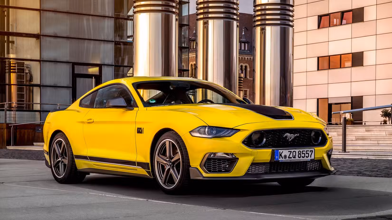 Yellow 2021 Ford Mustang Mach 1 Front 3/4 shot parked