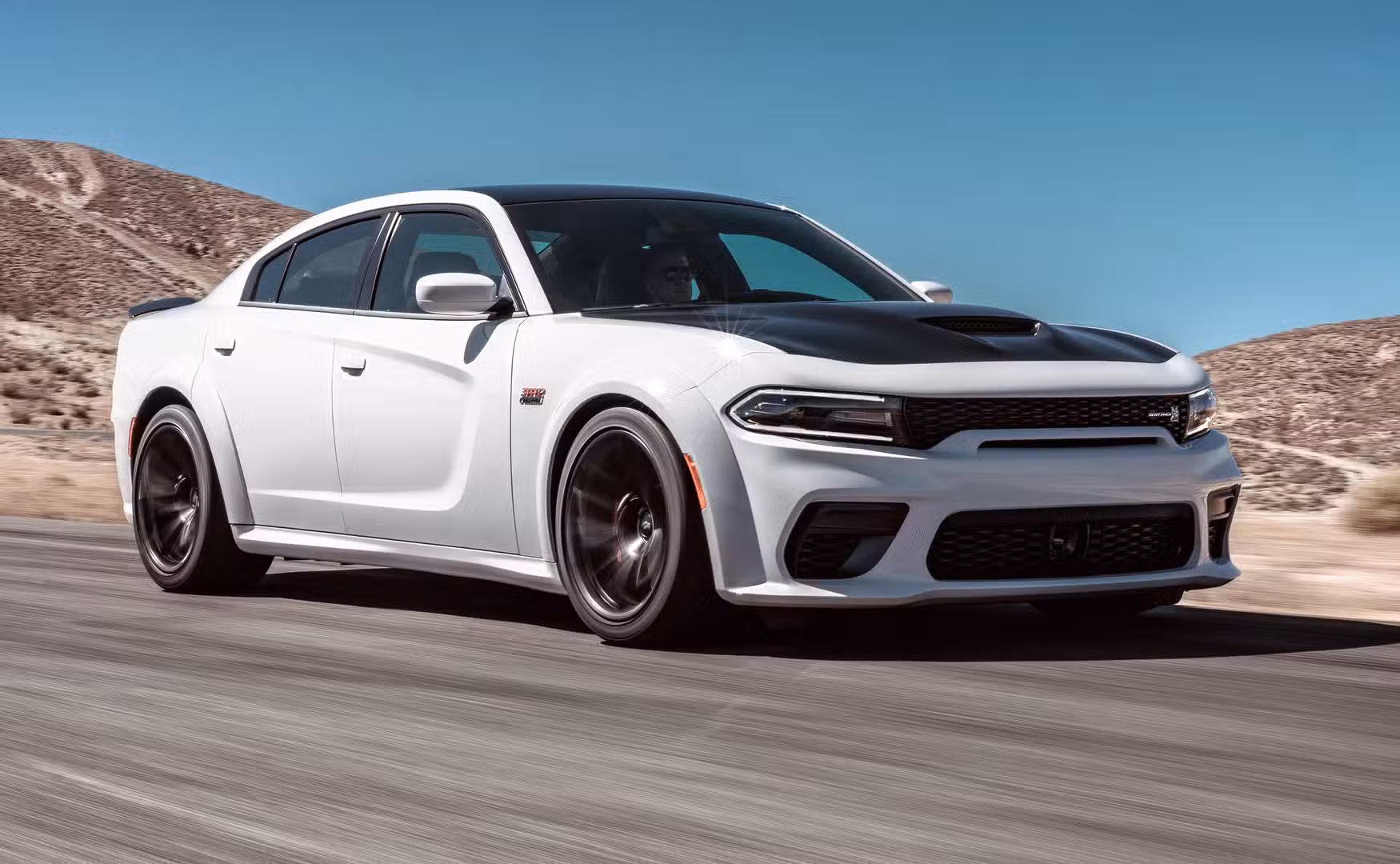 White 2023 Dodge Charger Scat Pack With A Black Hood