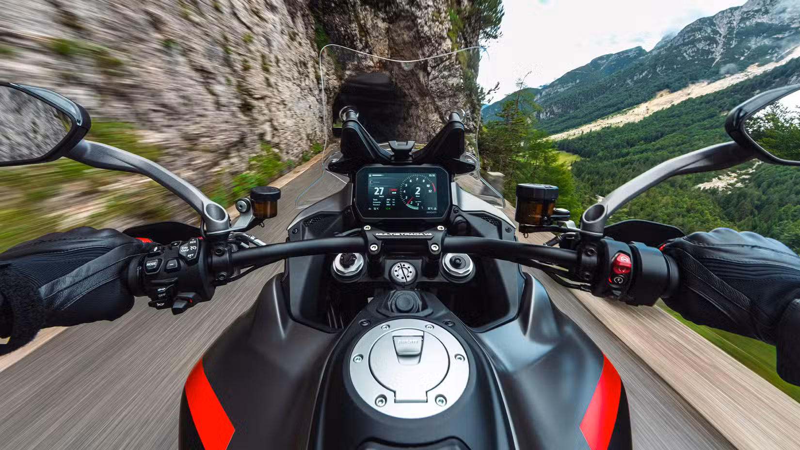 A shot of the cockpit of the Ducati Multistrada V4 S Grand Tour while riding