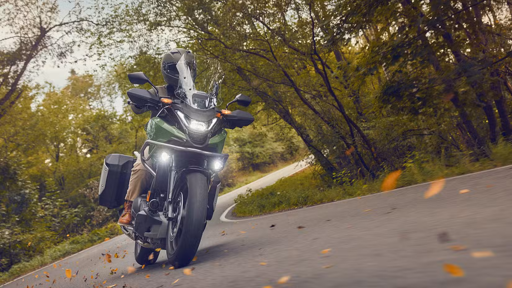 Honda NC750X DCT cornering cinematic front fascia shot 