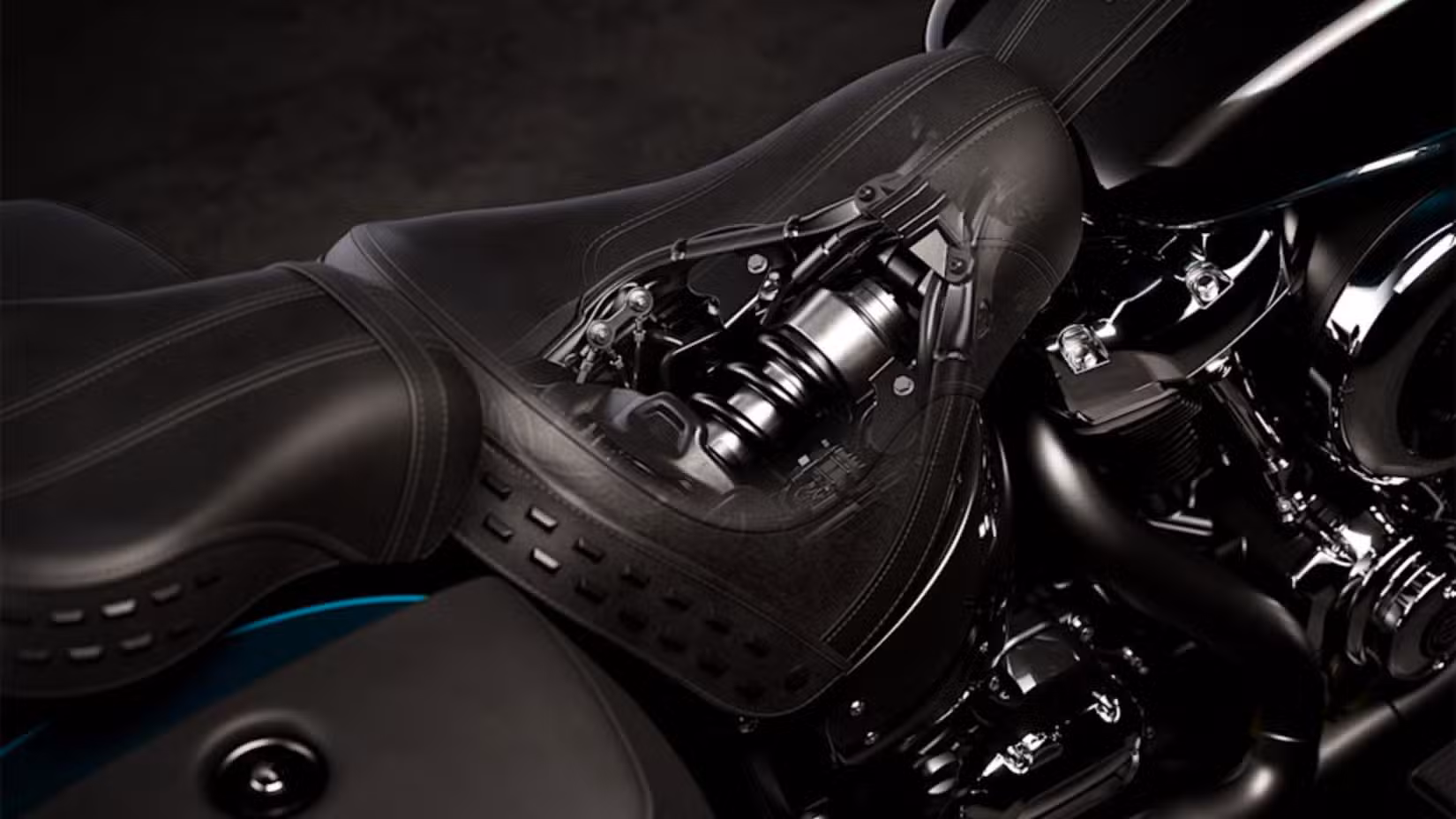 Close up shot of the hidden rear suspension of the Harley-Davidson Heritage Classic.