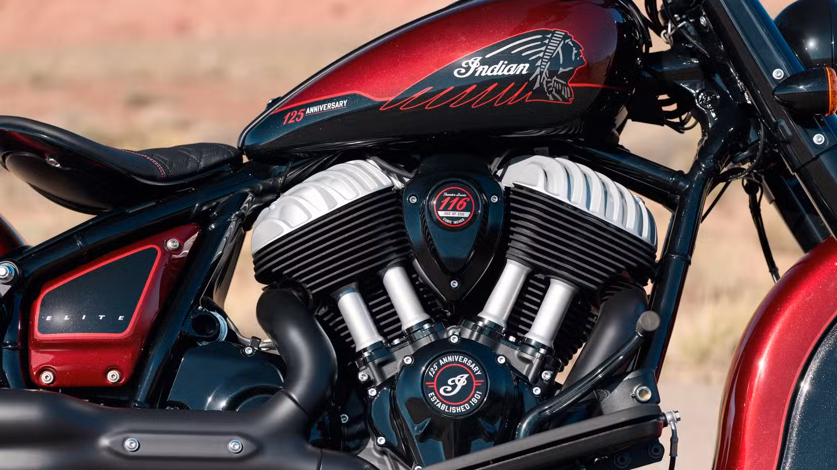 Detail shot of the engine on the 2026 Indian Chief Vintage 125th Anniversary Edition 