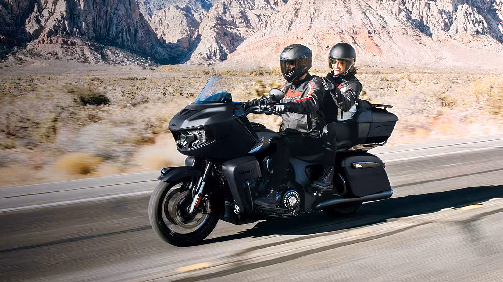 Tracking shot of a 2026 Indian Pursuit being ridden 