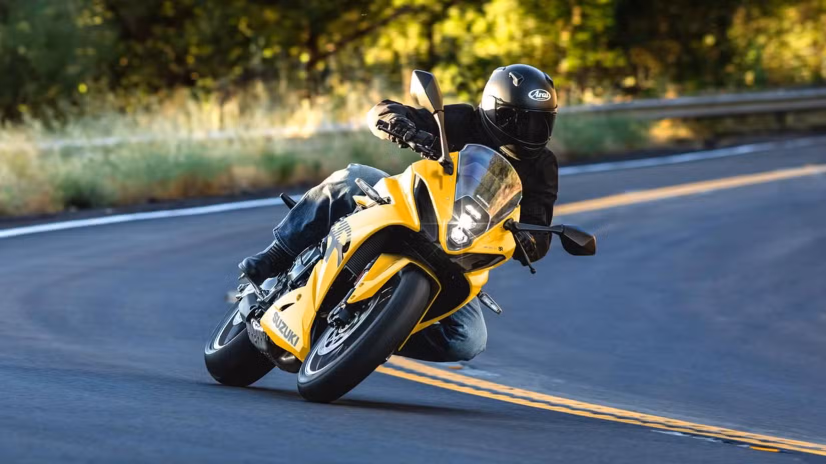 Yellow 2026 Suzuki GSX-8R Cornering On Mountain Roads