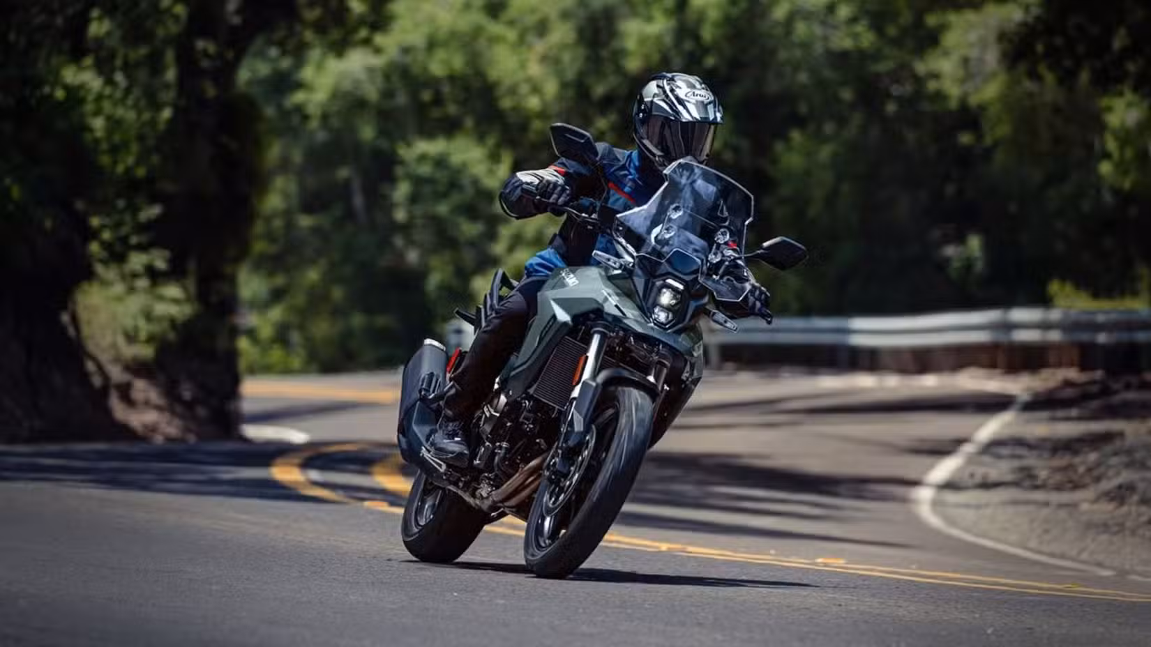 Front view action shot of the 2026 Suzuki V-Strom 800