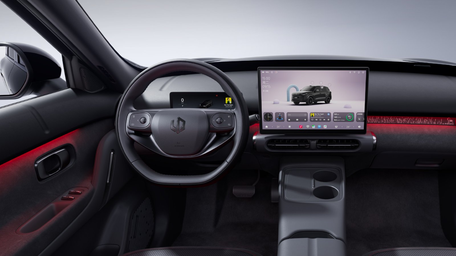 eapmotor A10s cockpit with a digital instrument display, central touchscreen and red ambient lighting across the dashboard and door.