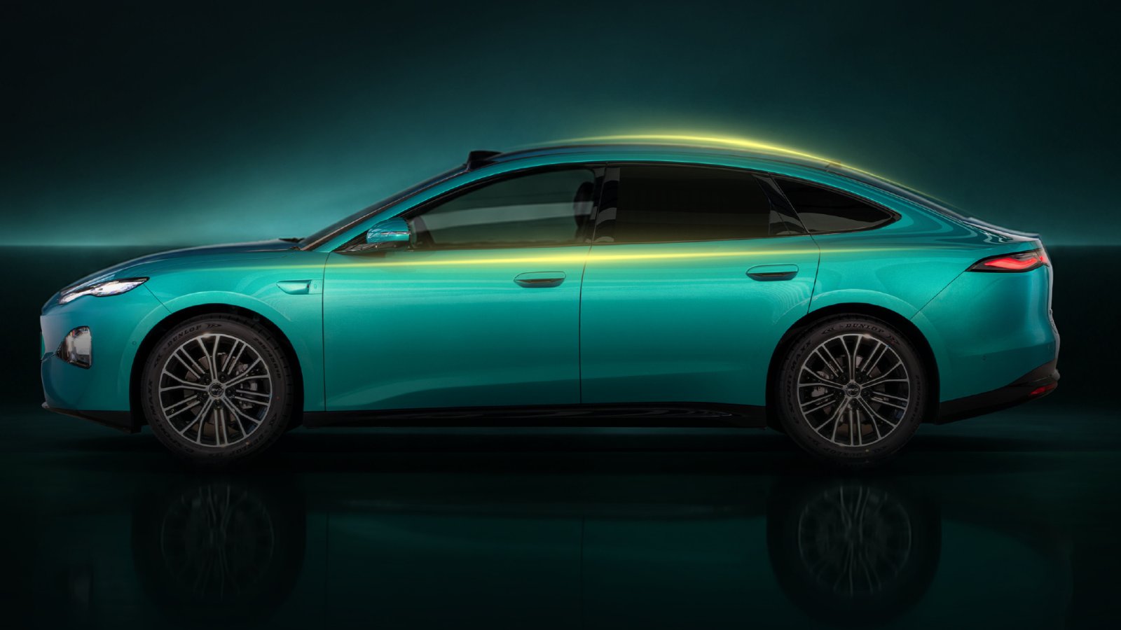 Side profile of the second-generation BYD Seal 07 in teal against a dark background, with a yellow light streak tracing its fastback roofline, a roof-mounted LiDAR unit and semi-hidden door handles.