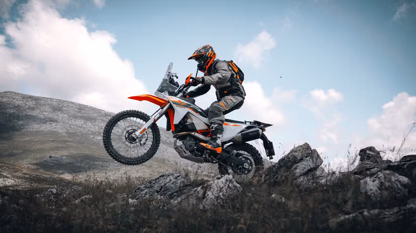 2027 KTM 690 Rally action shot jumping off-road