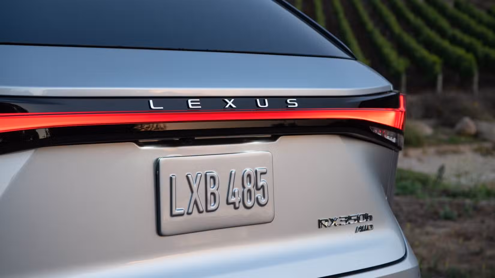 Silver 2027 Lexus RX 350h rear close-up of the badge