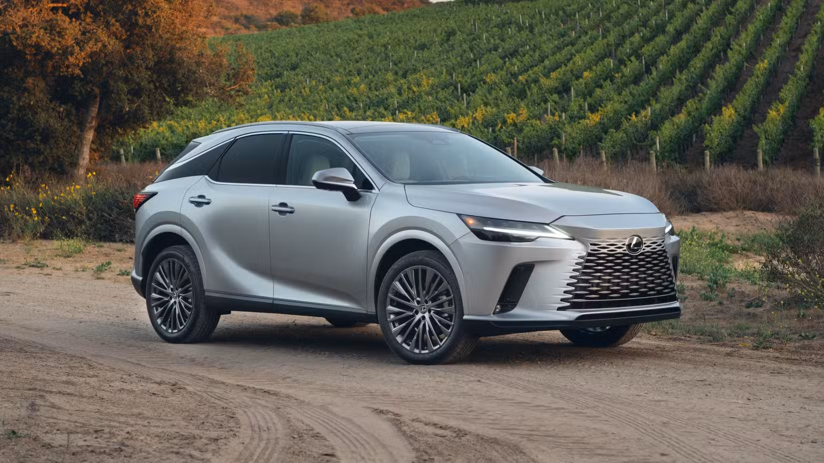 Silver 2027 Lexus RX 350h front 3/4 shot parked