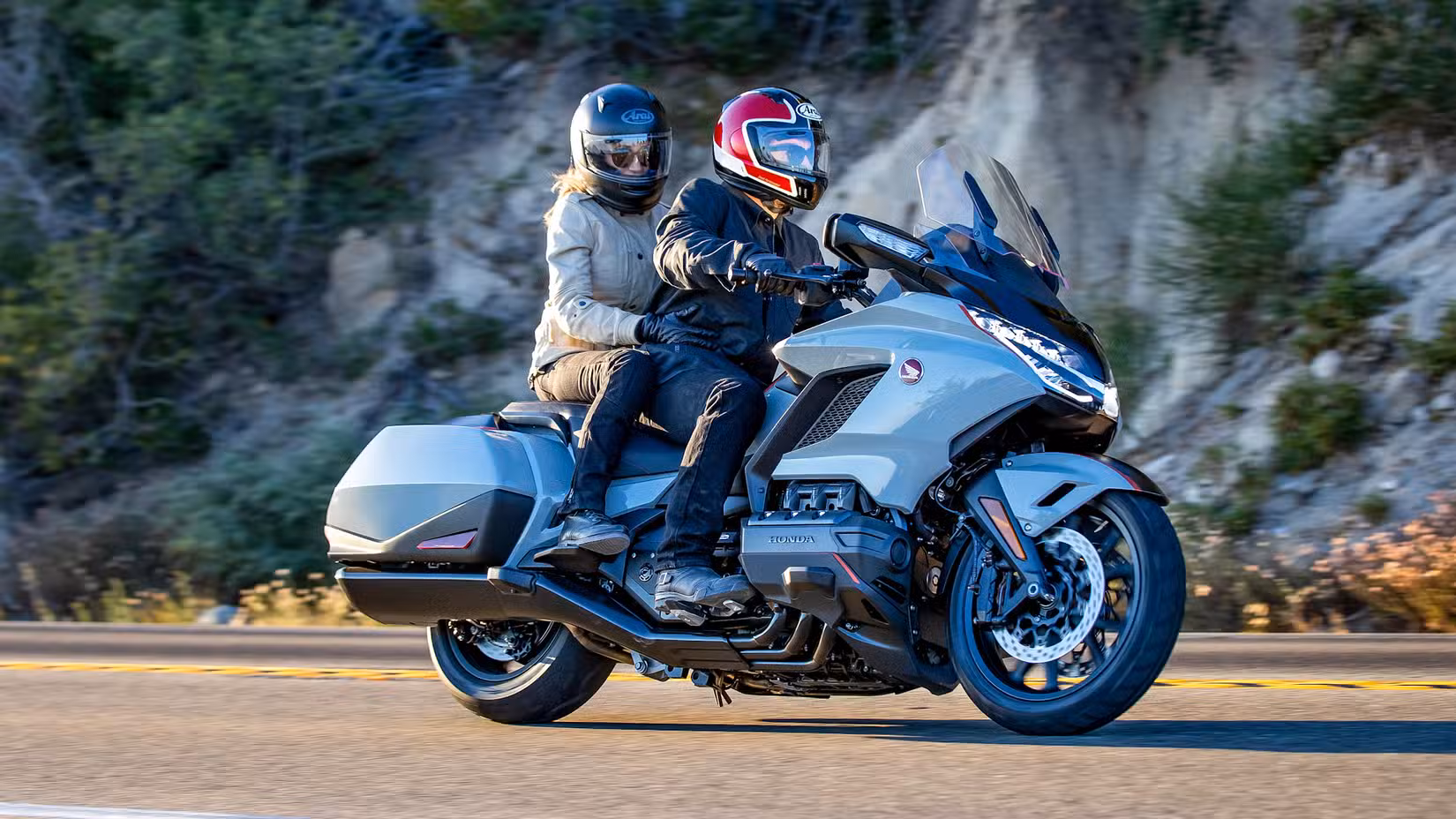 Gray 2021 Honda Gold Wing DCT cruising on the road
