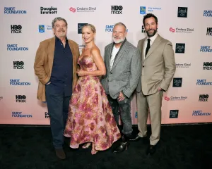 BURBANK, CALIFORNIA - OCTOBER 11: (L-R) Honorees John Wells, Katherine LaNasa, R. Scott Gemmill and Noah Wyle attend the Cedars-Sinai Board of Governors Sunset Soirée at Warner Bros. Studios on October 11, 2026 in Burbank, California. (Photo by Gonzalo Marroquin/Getty Images for Cedars-Sinai Board of Governors)