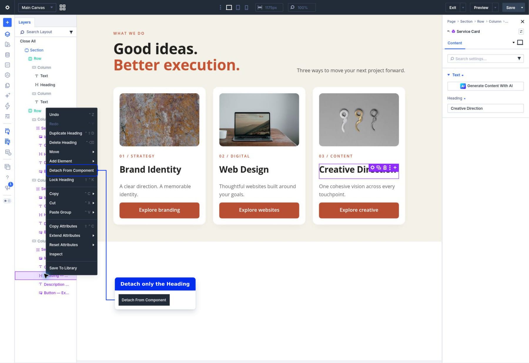 Detach From Component command for the Creative Direction Heading module