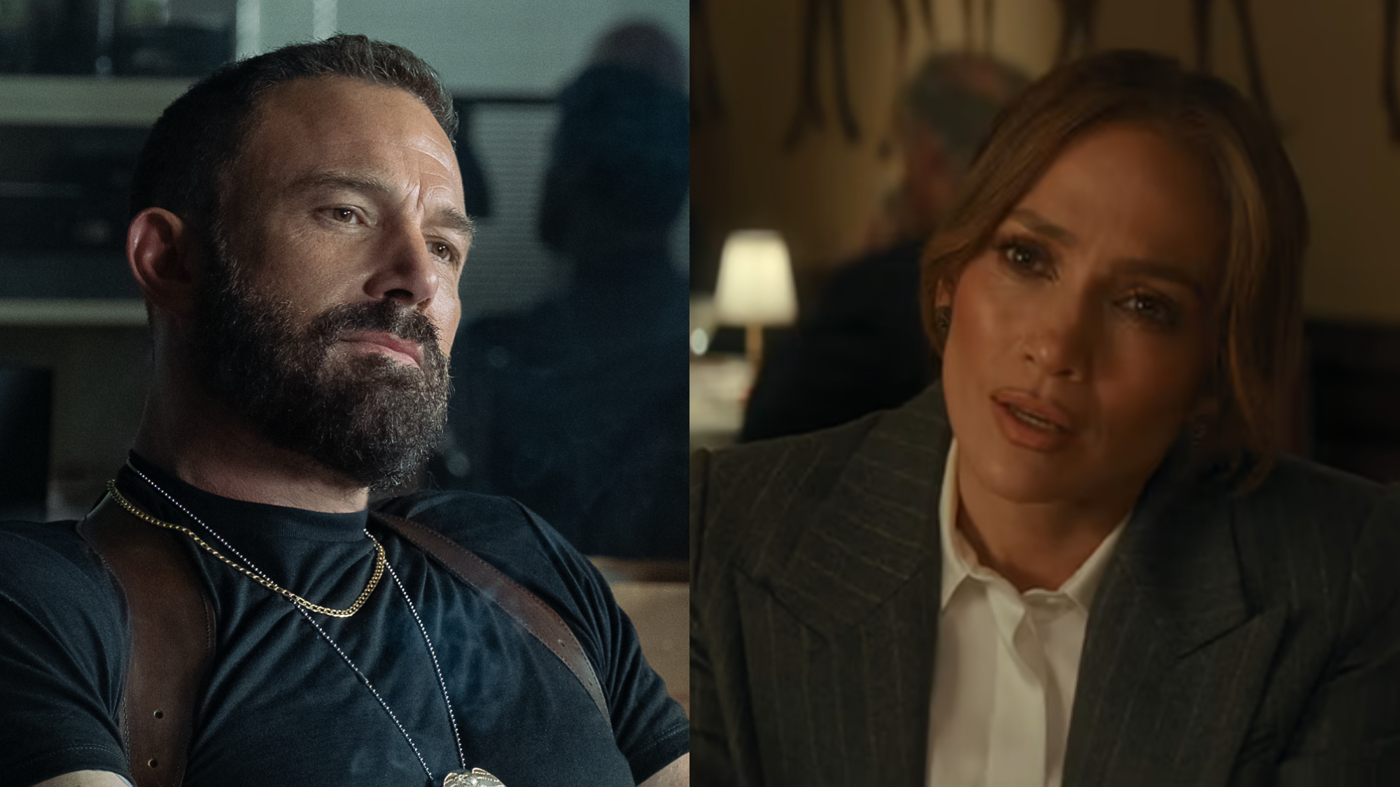 Ben Affleck as a cop in The Rip, next to Jennifer Lopez at a business dinner in Office Romance.