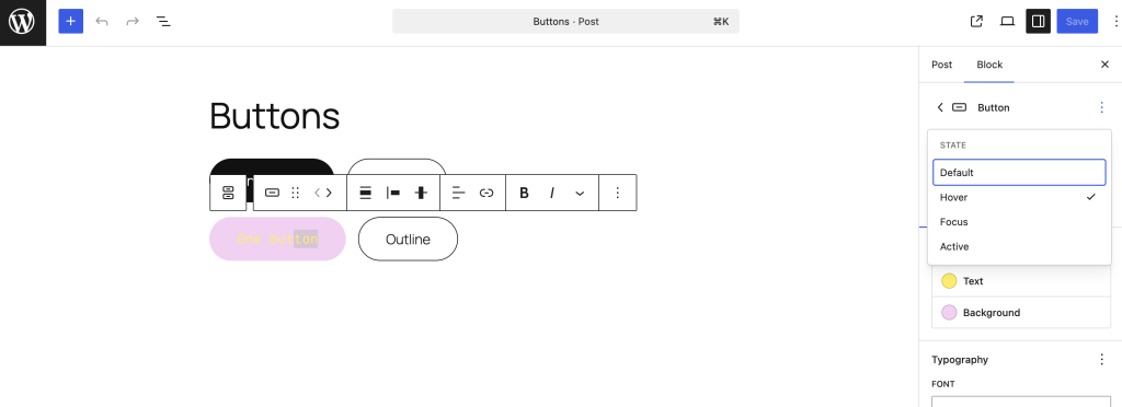 The WordPress block editor showing a Button block with the Hover state selected in the block settings sidebar.
