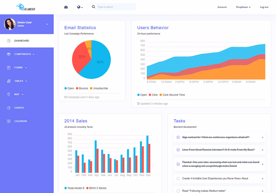 Crystal Dashboard - Free React Redux admin template with calendar and maps
