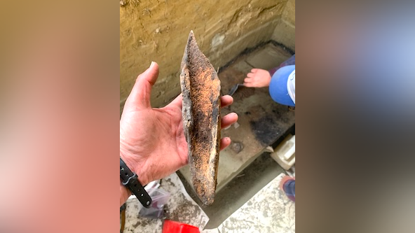 a person with light skin holds a broken animal bone in their hand